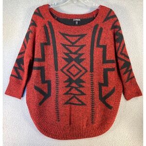 Express Sweater Women's Small Red Black Aztec Tribal 3/4‎ Sleeve Wool Blend